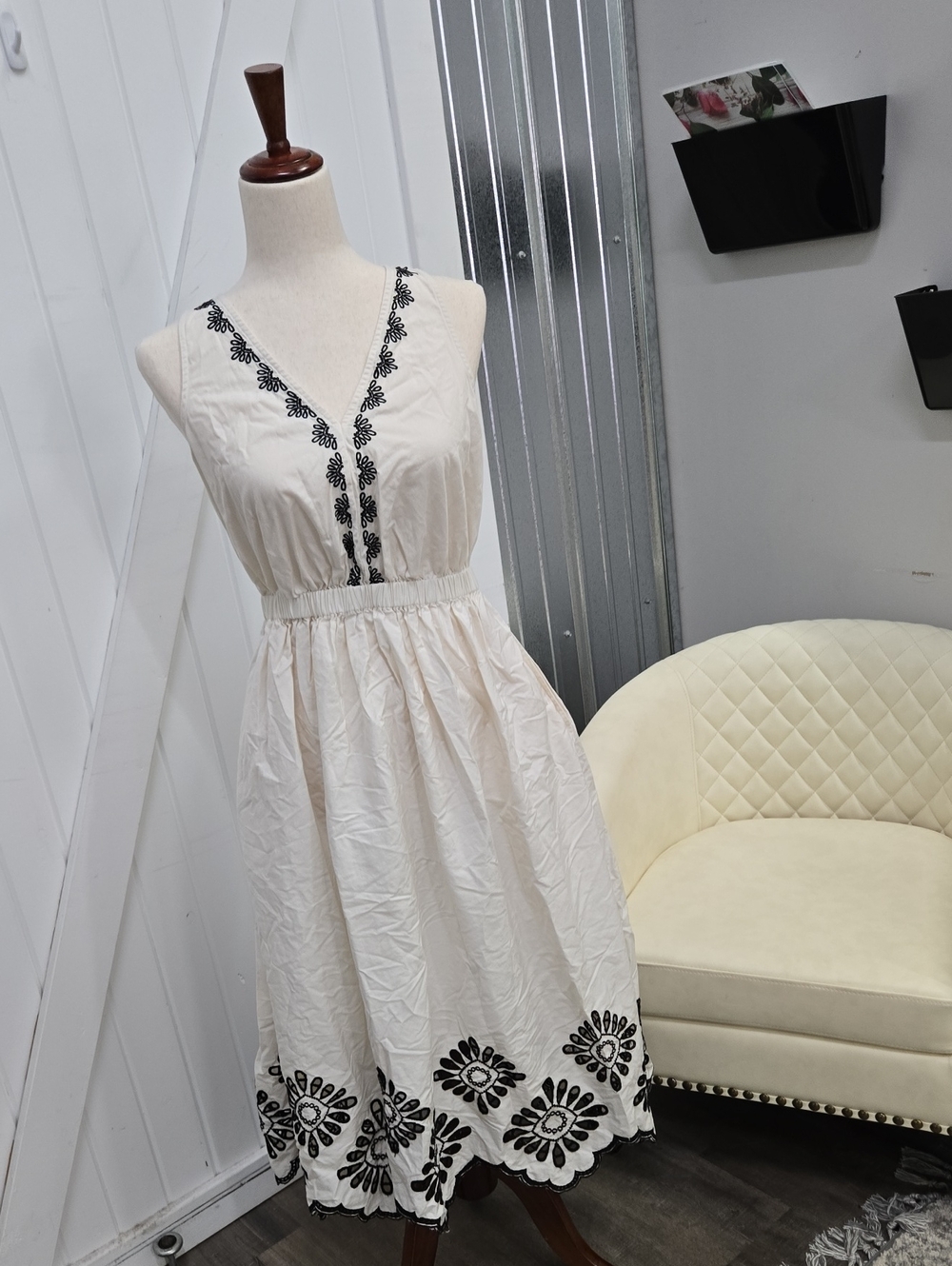 Universal Thread Cream Midi Dress with Black Embroidery